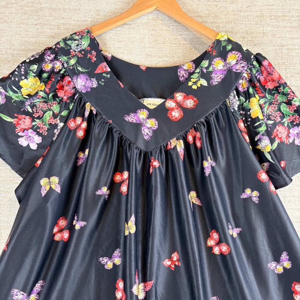 CW Classics Womens Muumuu House Dress Black Floral Butterfly EUC One Size Granny